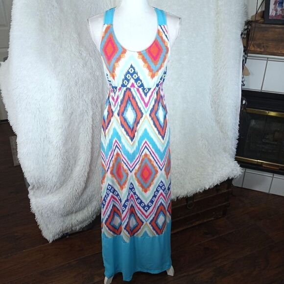 JUST ME TURQUOISE PINK, ORANGE, WHITE, & BLUE MAXI DRESS SZ.S EUC - Picture 2 of 9